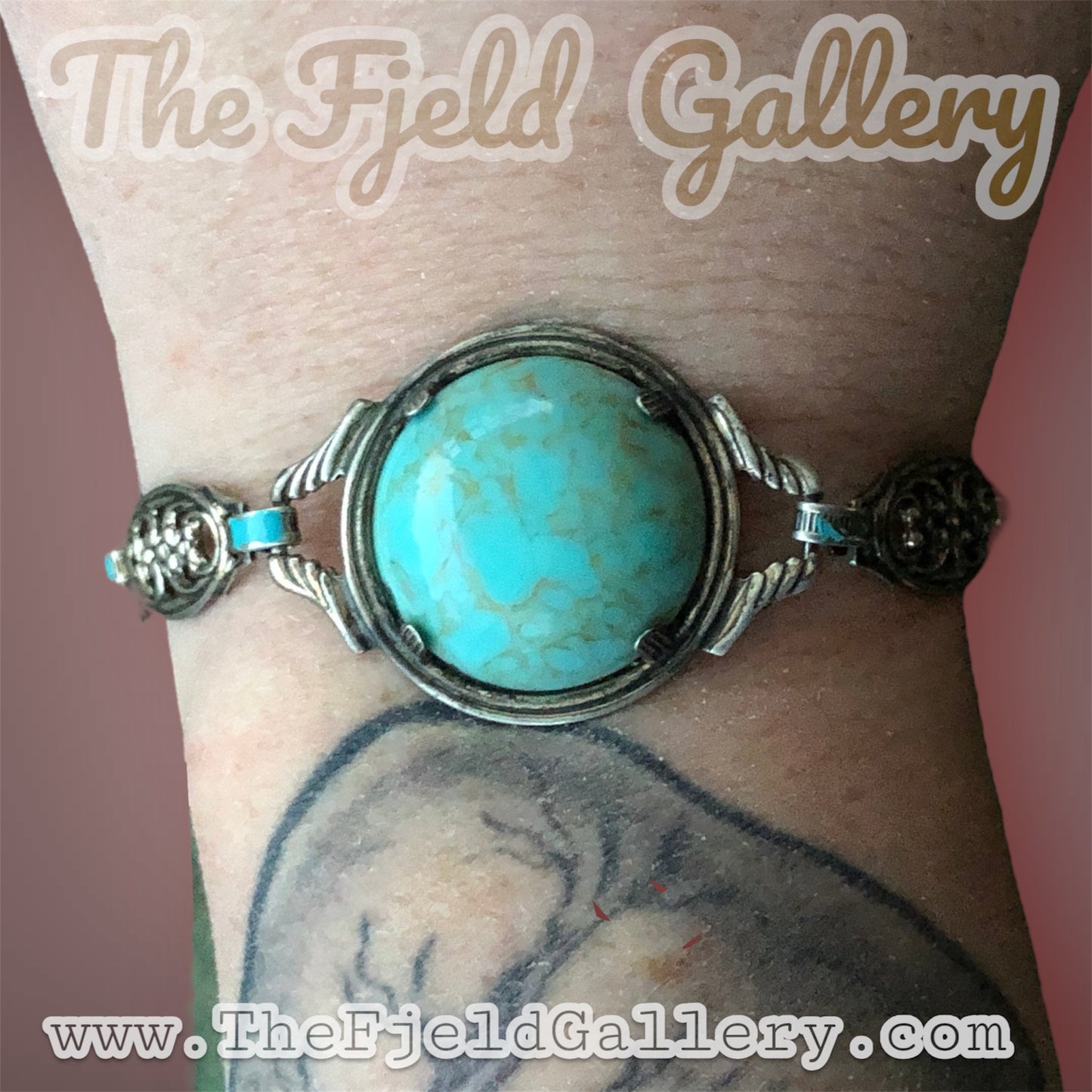 Antique Sterling Silver Art Nouveau Link Bracelet with Turquoise Blue Czech Art Hubbell Glass & Enamel
