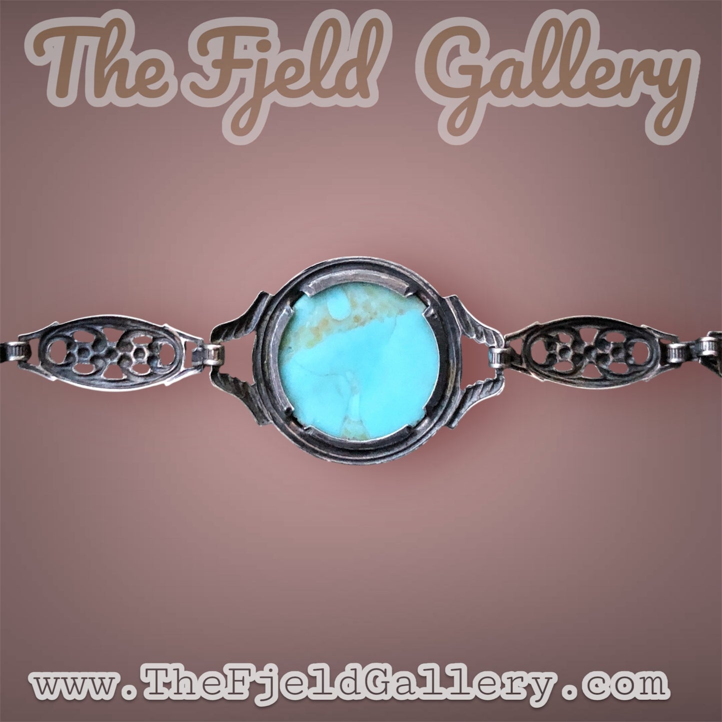 Antique Sterling Silver Art Nouveau Link Bracelet with Turquoise Blue Czech Art Hubbell Glass & Enamel