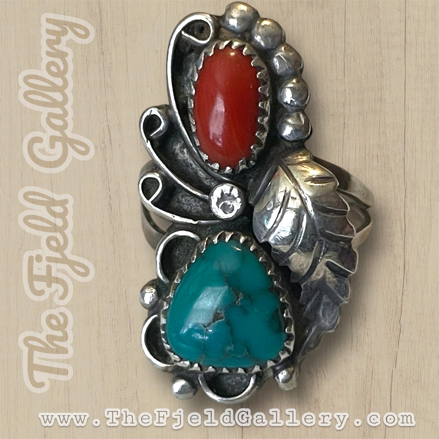 Big Hand Native American Sterling Silver Turquoise & Red Coral Ring