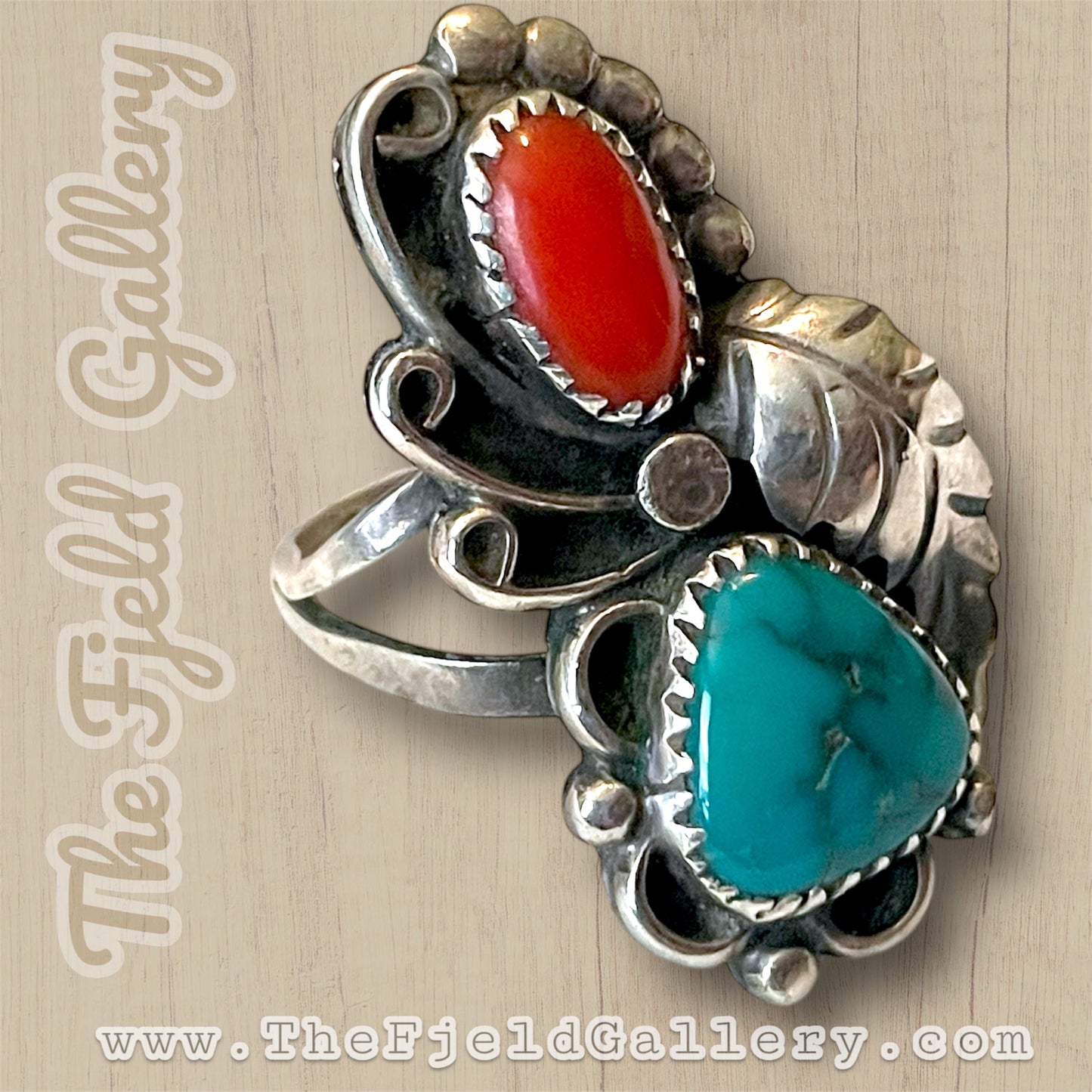 Big Hand Native American Sterling Silver Turquoise & Red Coral Ring
