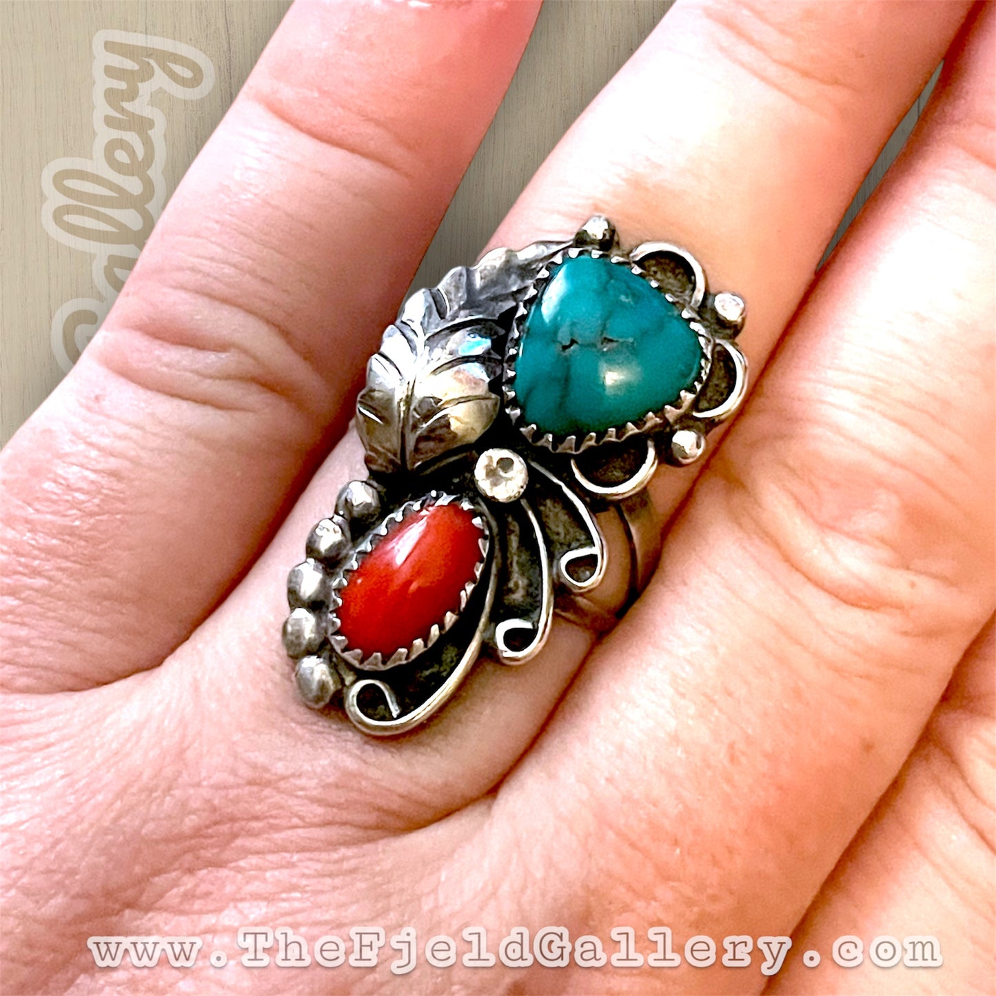 Big Hand Native American Sterling Silver Turquoise & Red Coral Ring