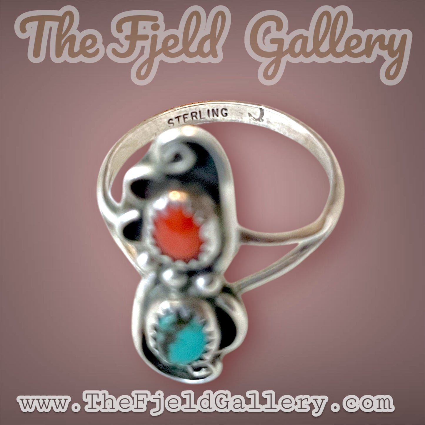 Native American Sterling Silver Turquoise & Red Coral Ring Hallmarked J