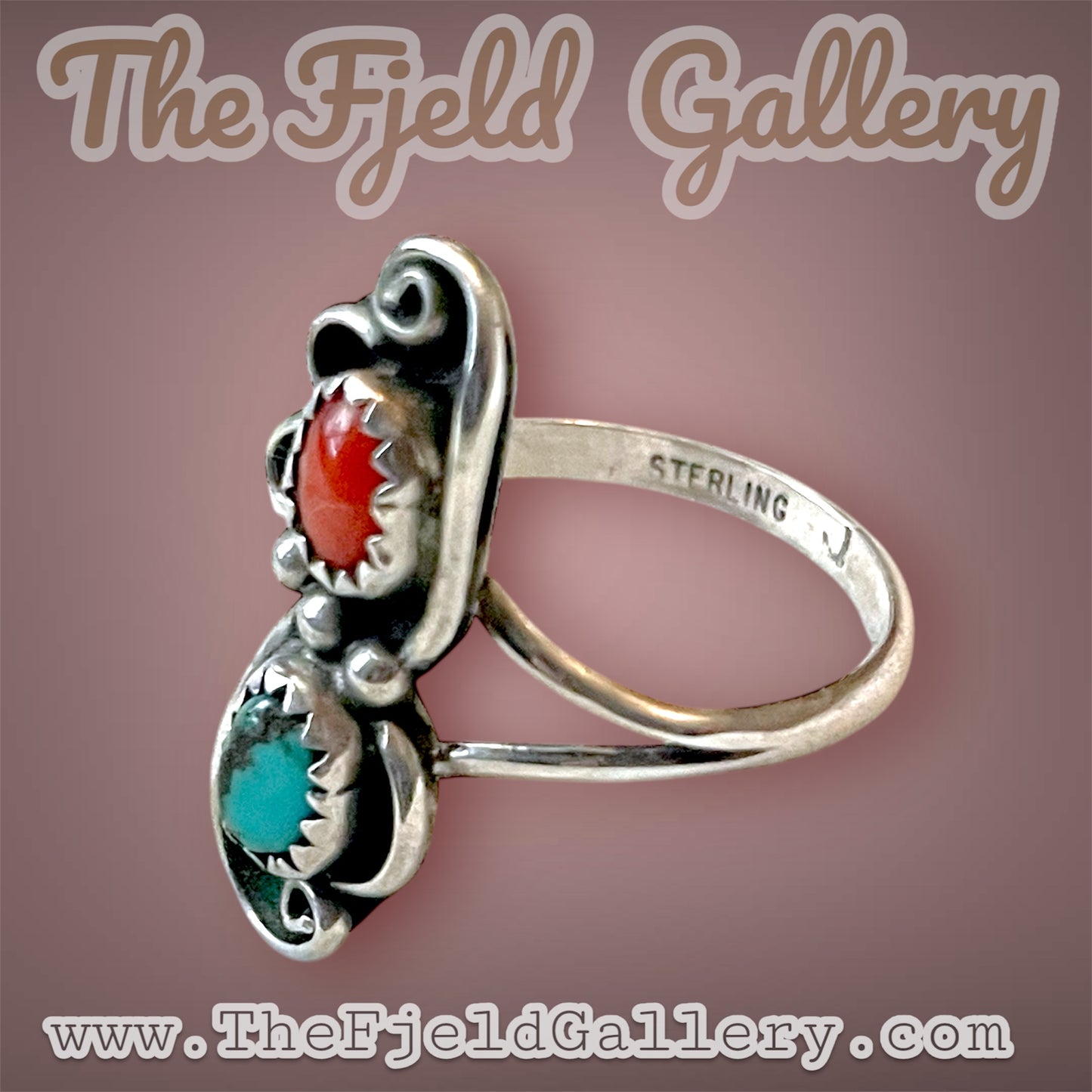 Native American Sterling Silver Turquoise & Red Coral Ring Hallmarked J