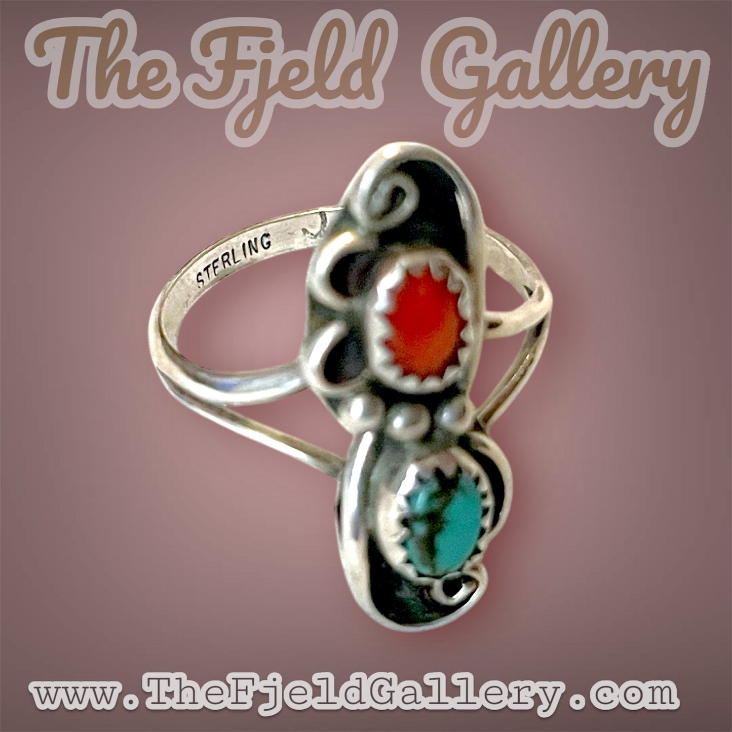 Native American Sterling Silver Turquoise & Red Coral Ring Hallmarked J