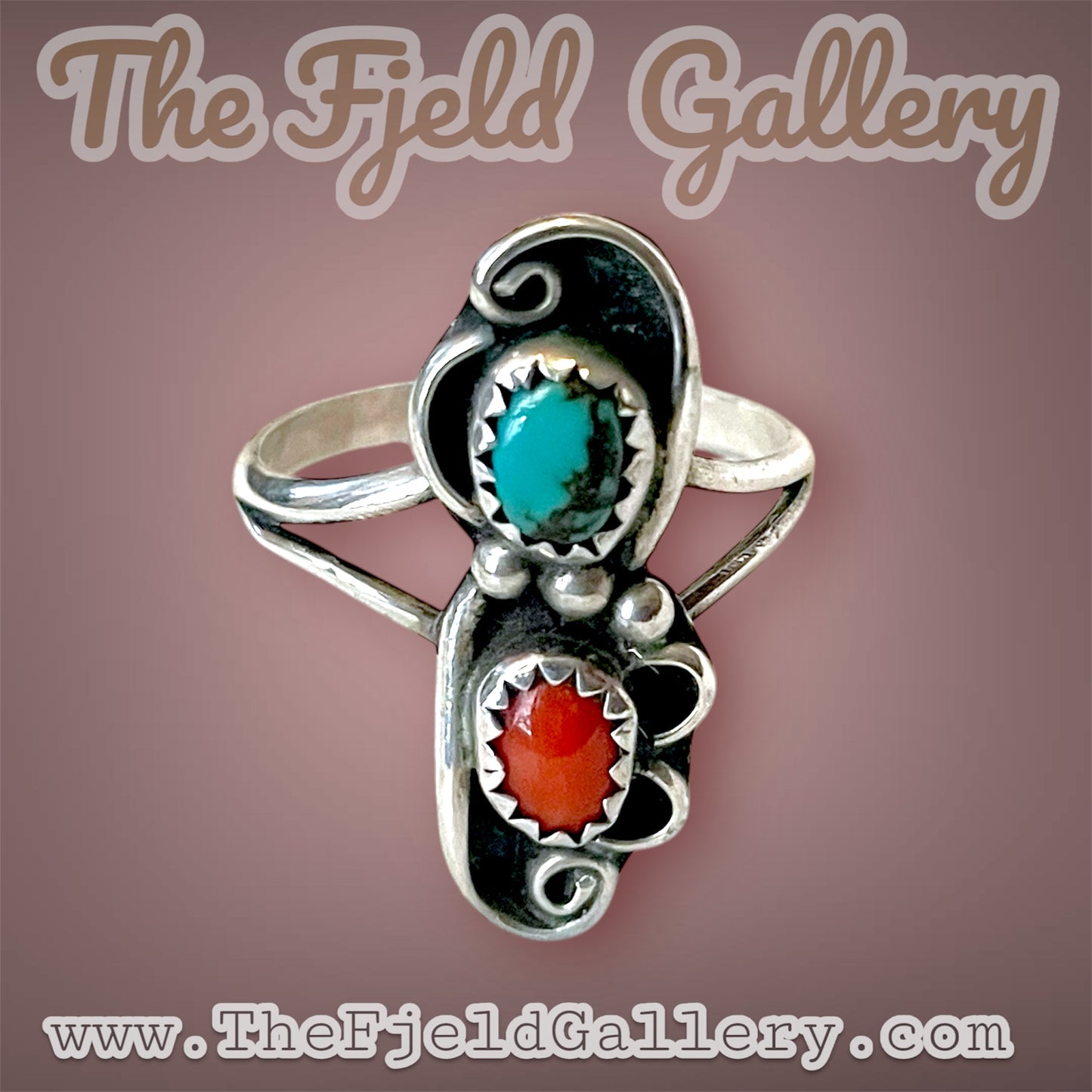 Native American Sterling Silver Turquoise & Red Coral Ring Hallmarked J