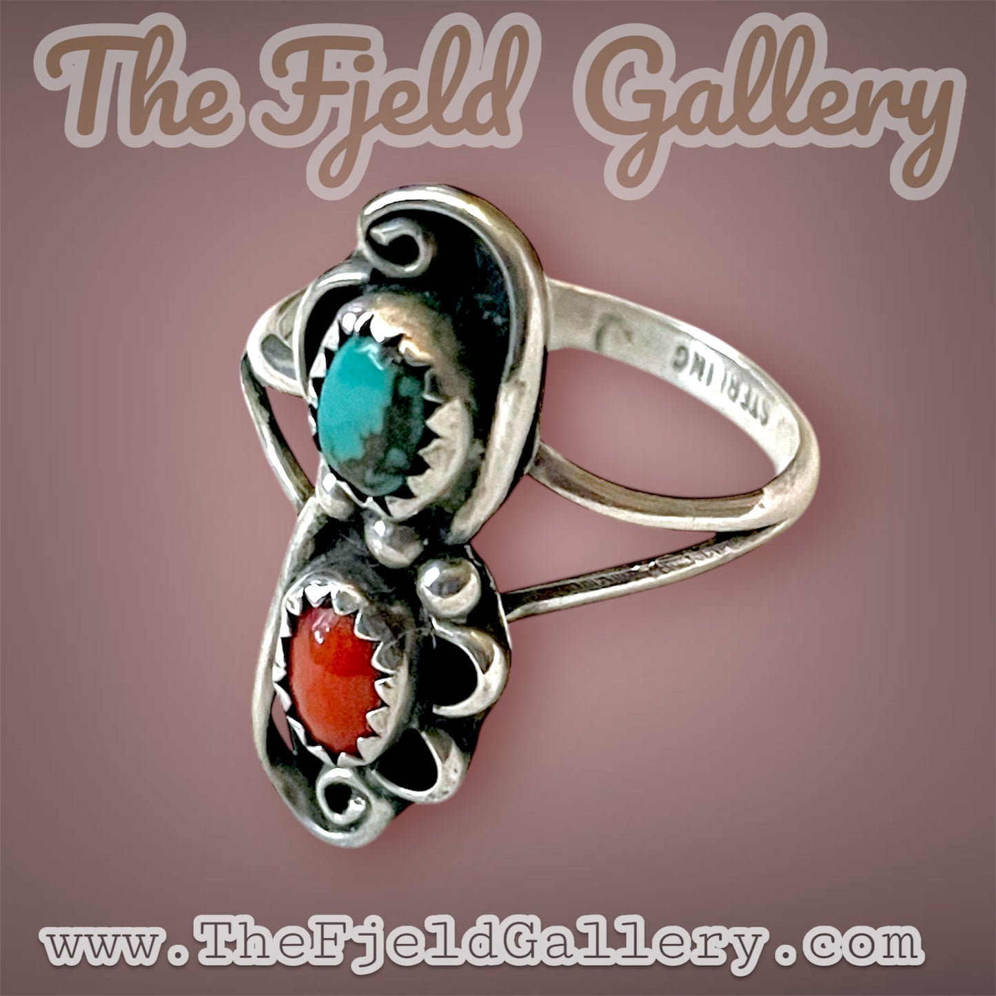 Native American Sterling Silver Turquoise & Red Coral Ring Hallmarked J