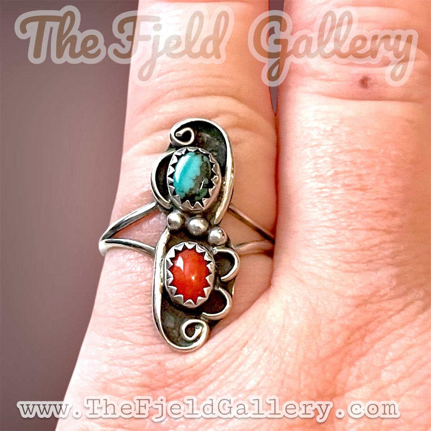 Native American Sterling Silver Turquoise & Red Coral Ring Hallmarked J