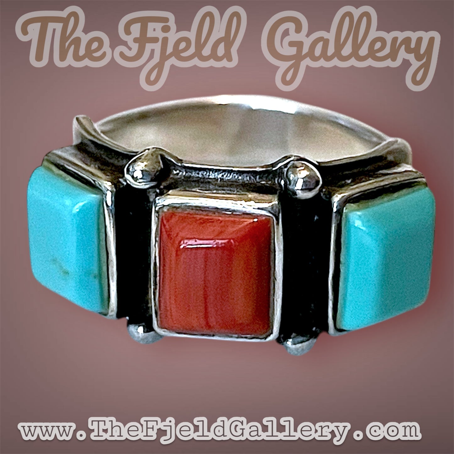 Native American 3 Stone Turquoise & Red Coral Geometric Band Ring