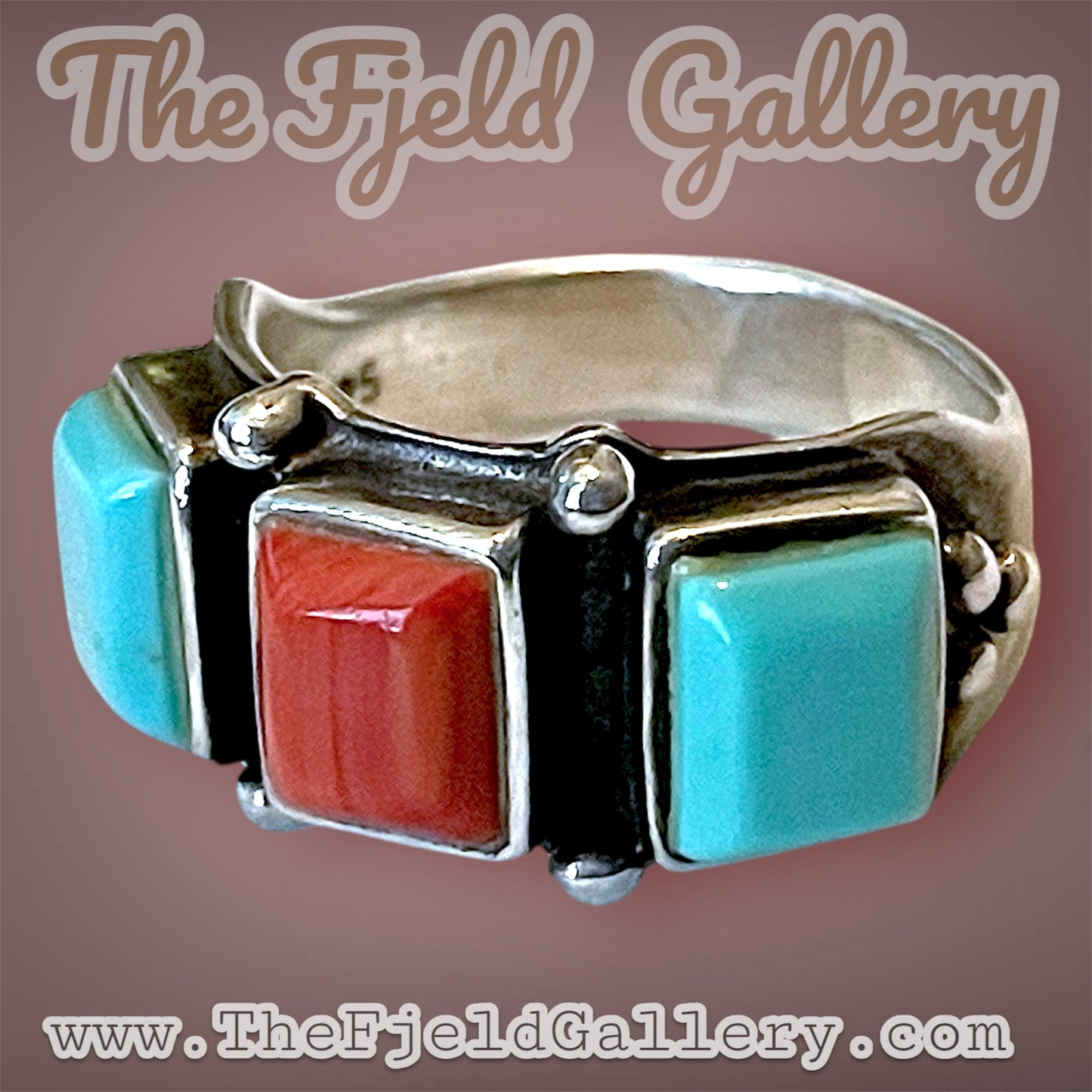 Native American 3 Stone Turquoise & Red Coral Geometric Band Ring