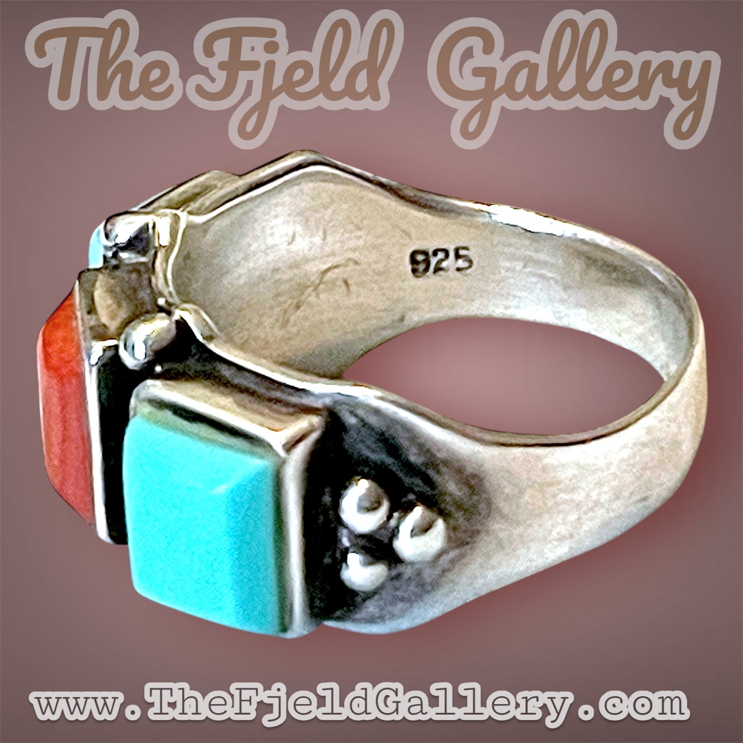 Native American 3 Stone Turquoise & Red Coral Geometric Band Ring