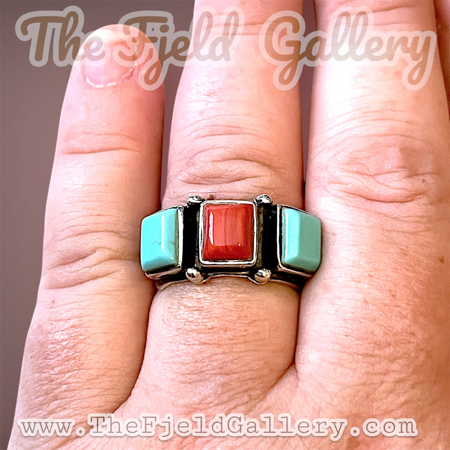 Native American 3 Stone Turquoise & Red Coral Geometric Band Ring
