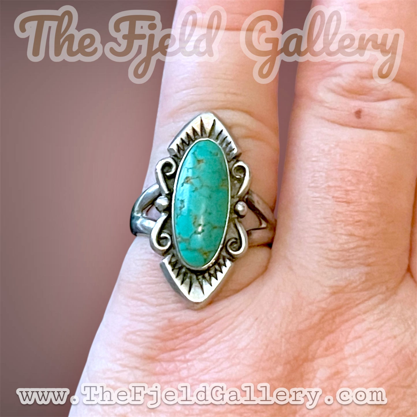 Native American Sterling Silver Embossed Large Turquoise Solitaire Ring