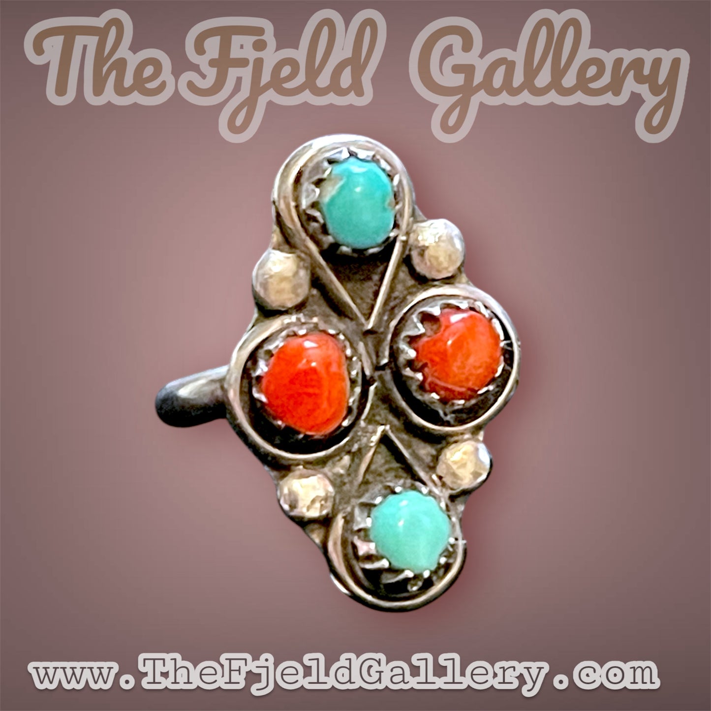 Zuni Native American Petit Point Turquoise & Red Coral Sterling Silver Ring