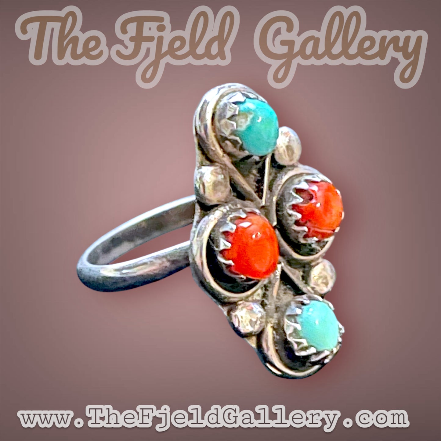 Zuni Native American Petit Point Turquoise & Red Coral Sterling Silver Ring
