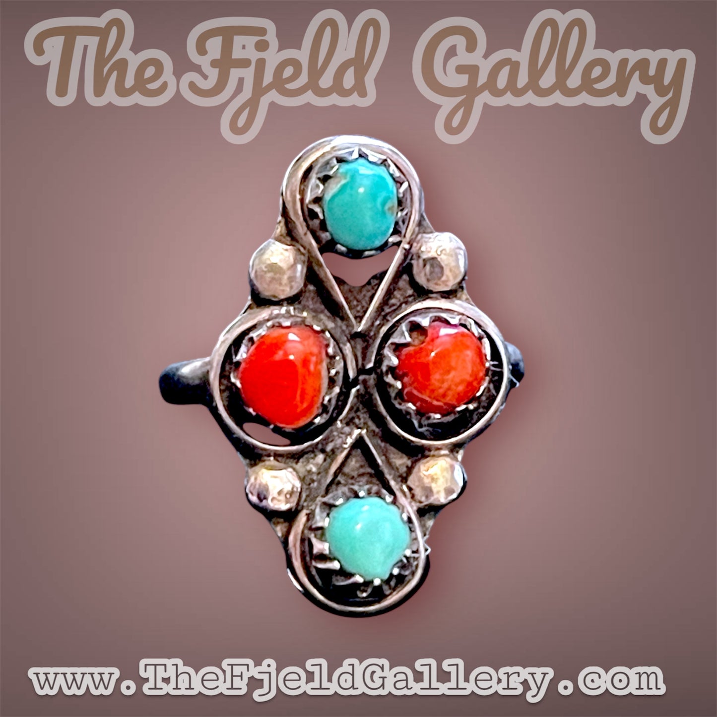 Zuni Native American Petit Point Turquoise & Red Coral Sterling Silver Ring