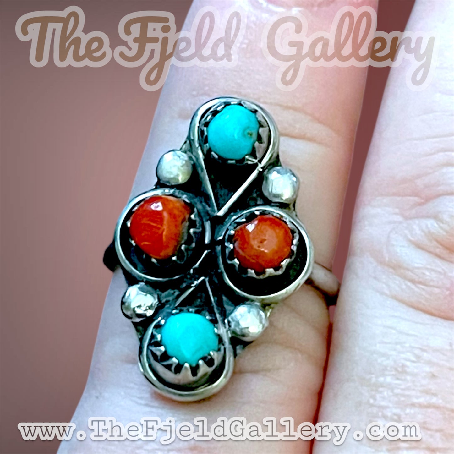 Zuni Native American Petit Point Turquoise & Red Coral Sterling Silver Ring