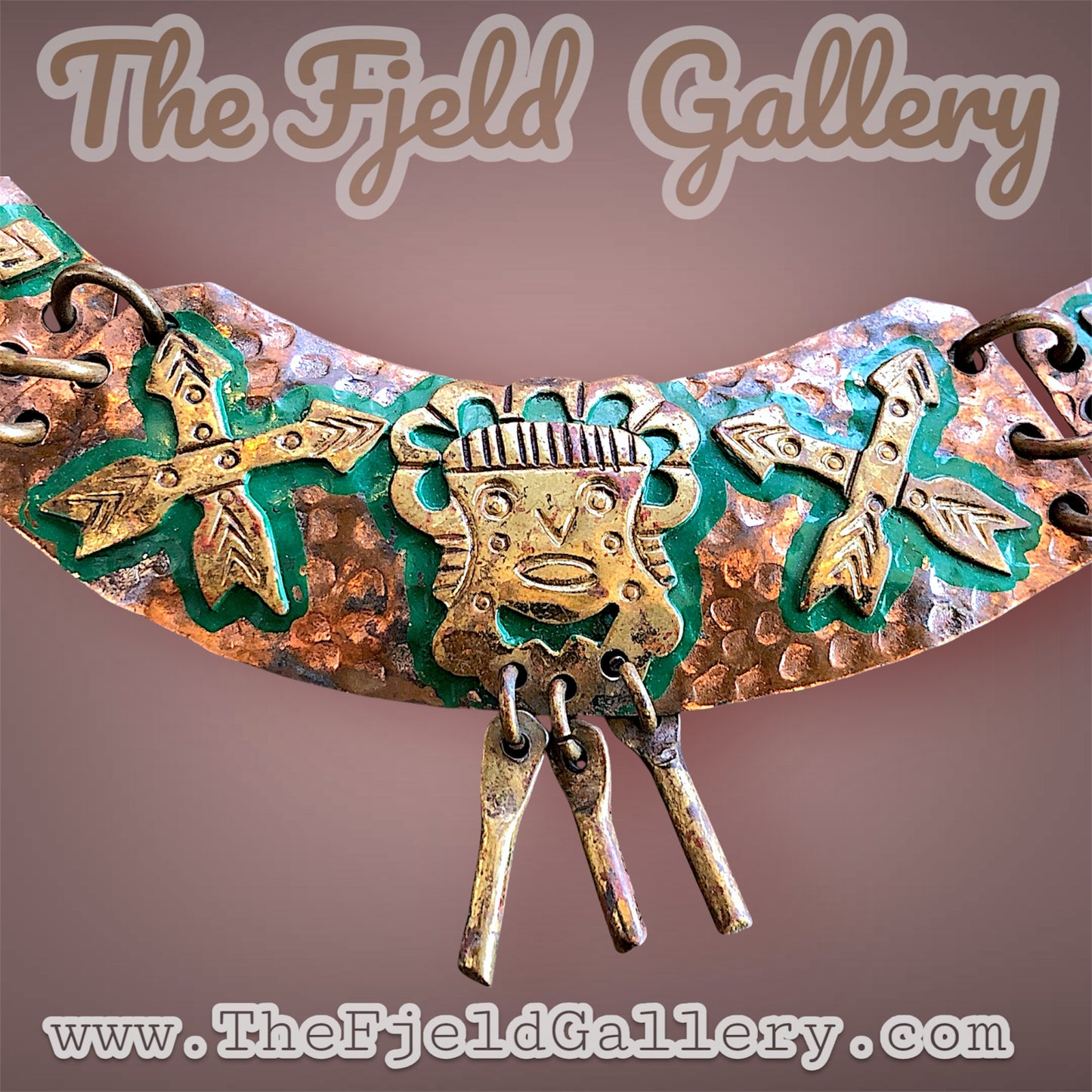 Mexican tribal hand hammered copper and brace tribal mask and arrow choker necklace
