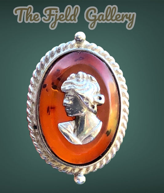 Vintage Sterling Silver & Baltic Amber Cast 925 Hallmarked Cameo Ring