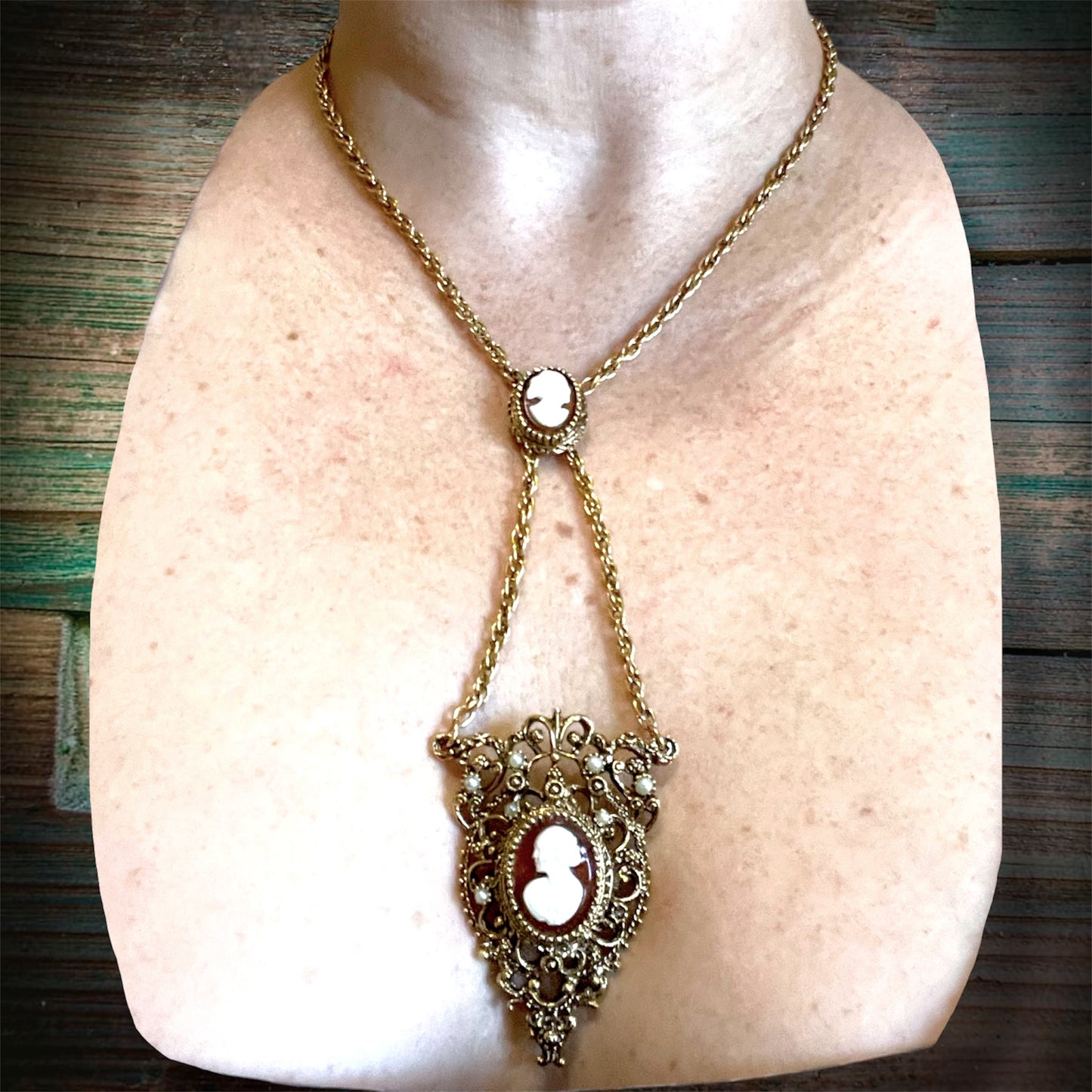 Ornate Victorian Rococo Revival Double Cameo Drop Pearl Necklace