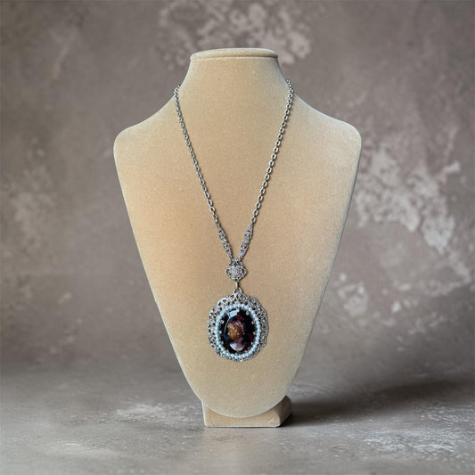 West German Amber Art Glass Cameo, Pearl Brass Filigree Necklace