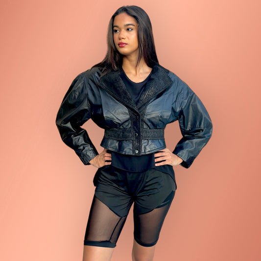 Vintage 1980’s Black Leather & Suede Raglan Batwing Shoulder-Pad Crop Jacket