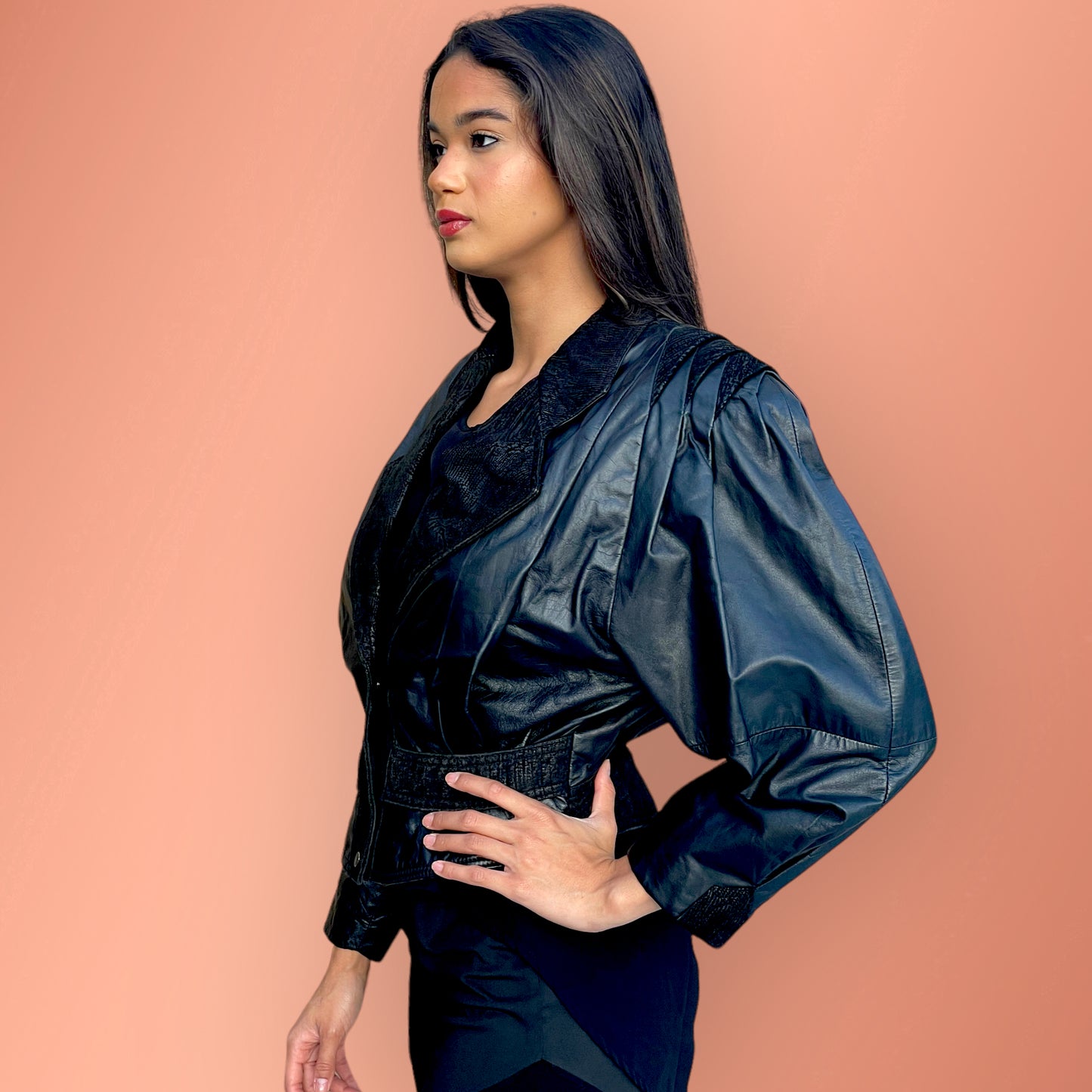 Vintage 1980’s Black Leather & Suede Raglan Batwing Shoulder-Pad Crop Jacket