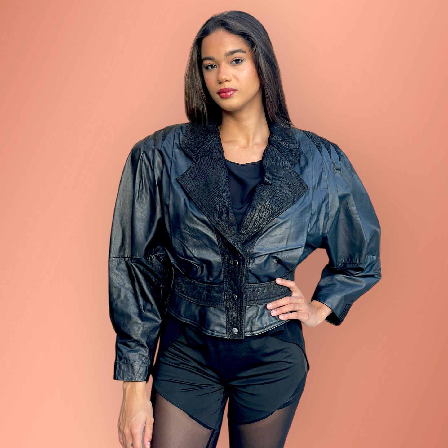 Vintage 1980’s Black Leather & Suede Raglan Batwing Shoulder-Pad Crop Jacket
