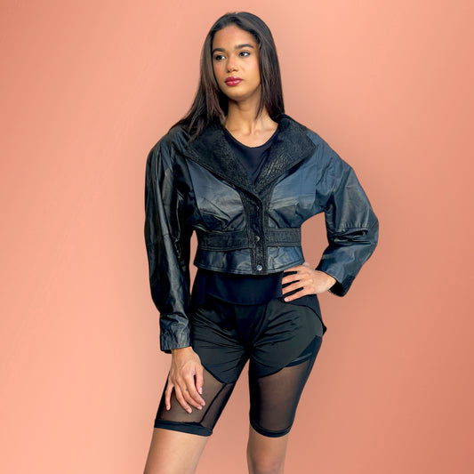 Vintage 1980’s Black Leather & Suede Raglan Batwing Shoulder-Pad Crop Jacket