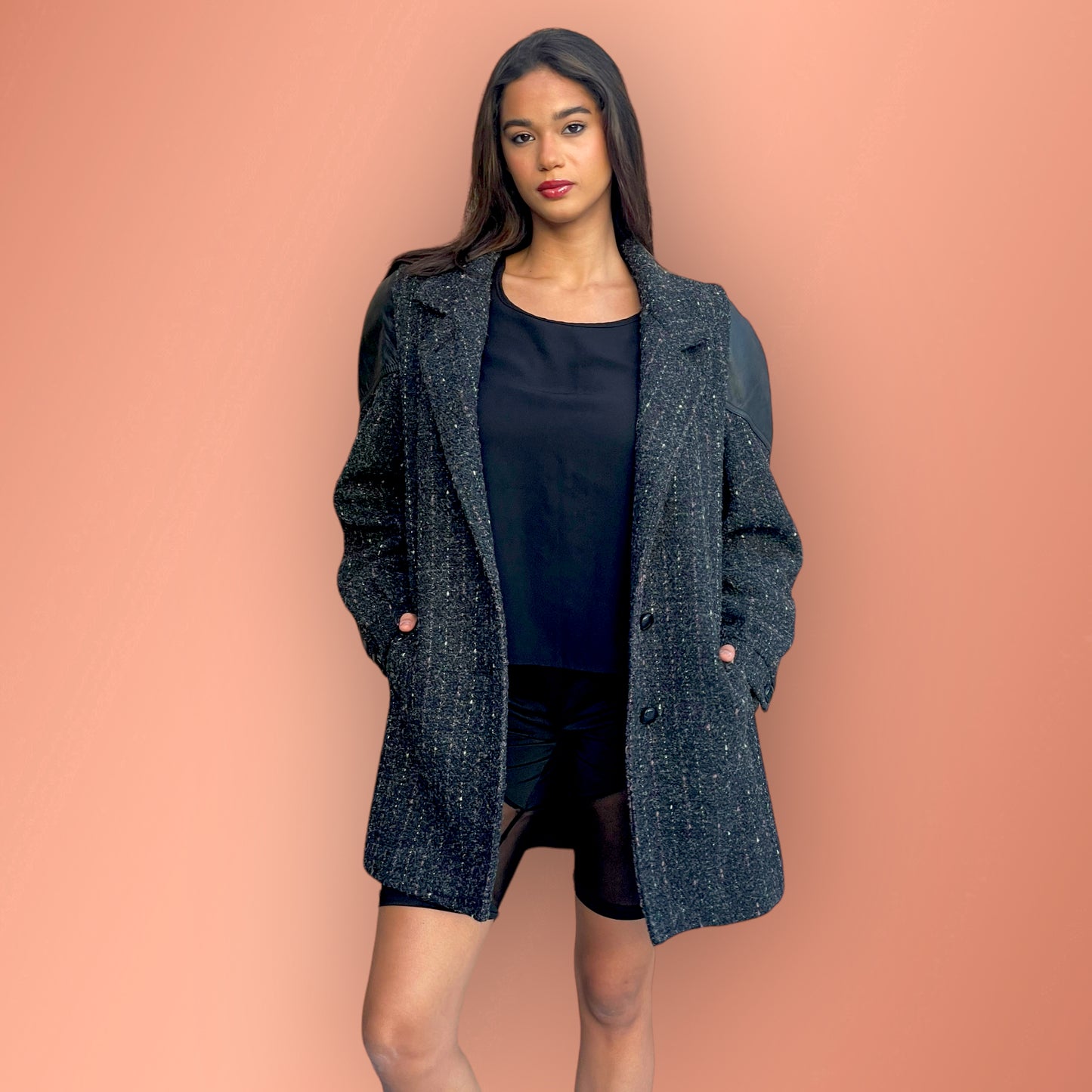 Fashionable Vintage Pink & White Pinstriped Grey Tweed Wool Blend Coat with Leather Shoulder
