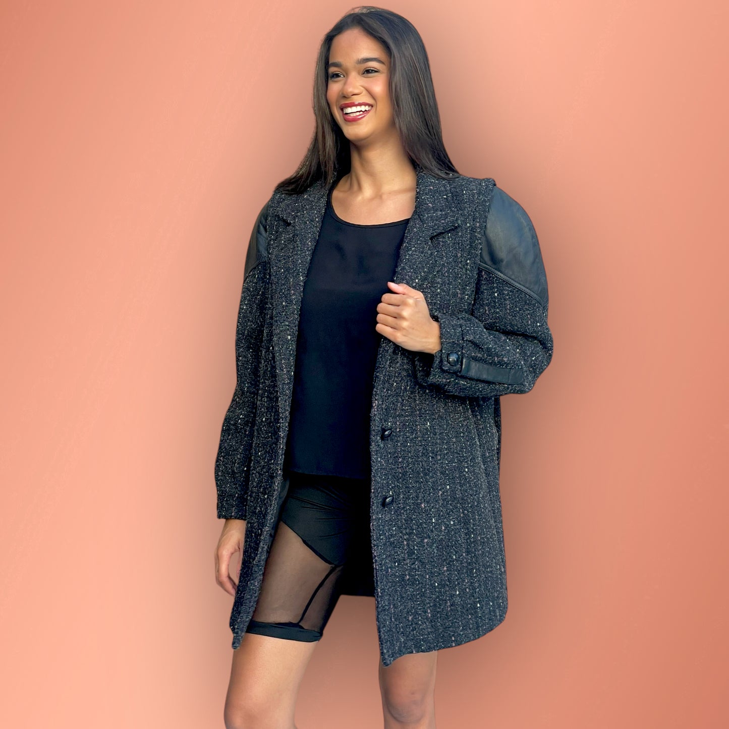 Fashionable Vintage Pink & White Pinstriped Grey Tweed Wool Blend Coat with Leather Shoulder