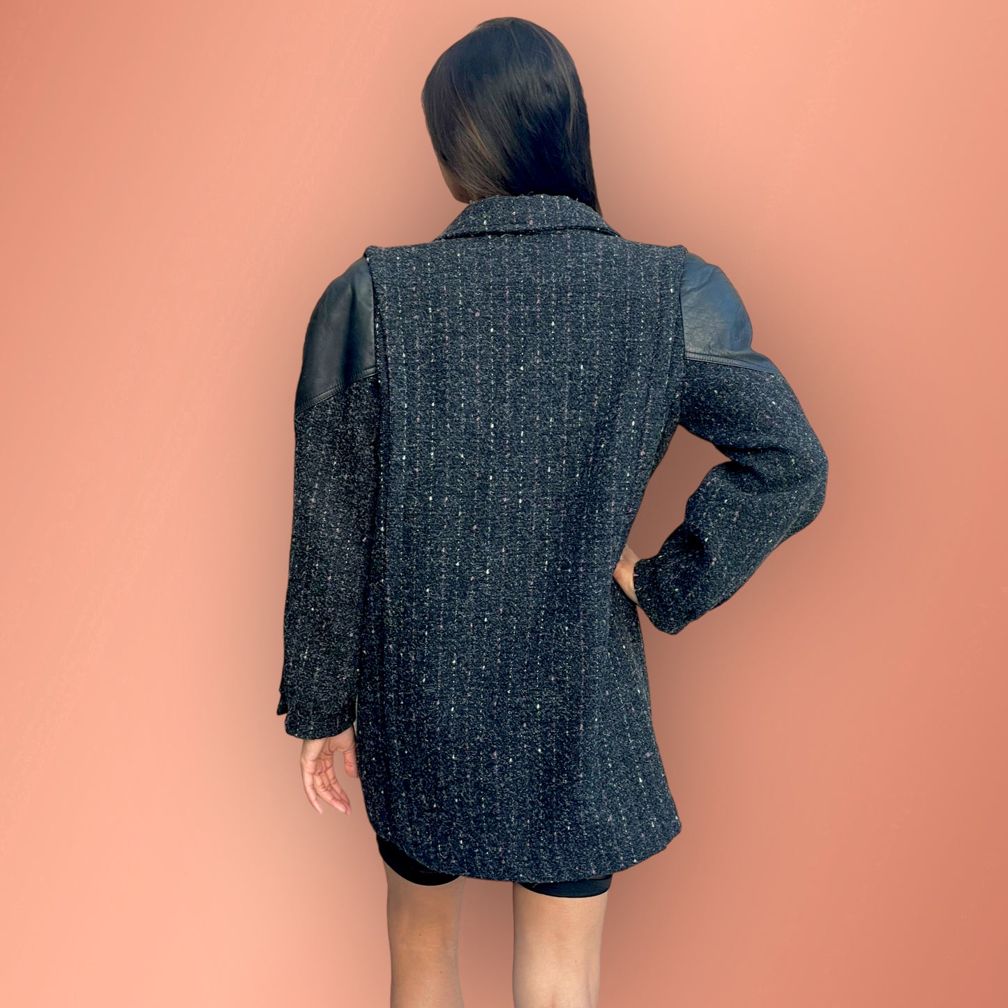 Fashionable Vintage Pink & White Pinstriped Grey Tweed Wool Blend Coat with Leather Shoulder