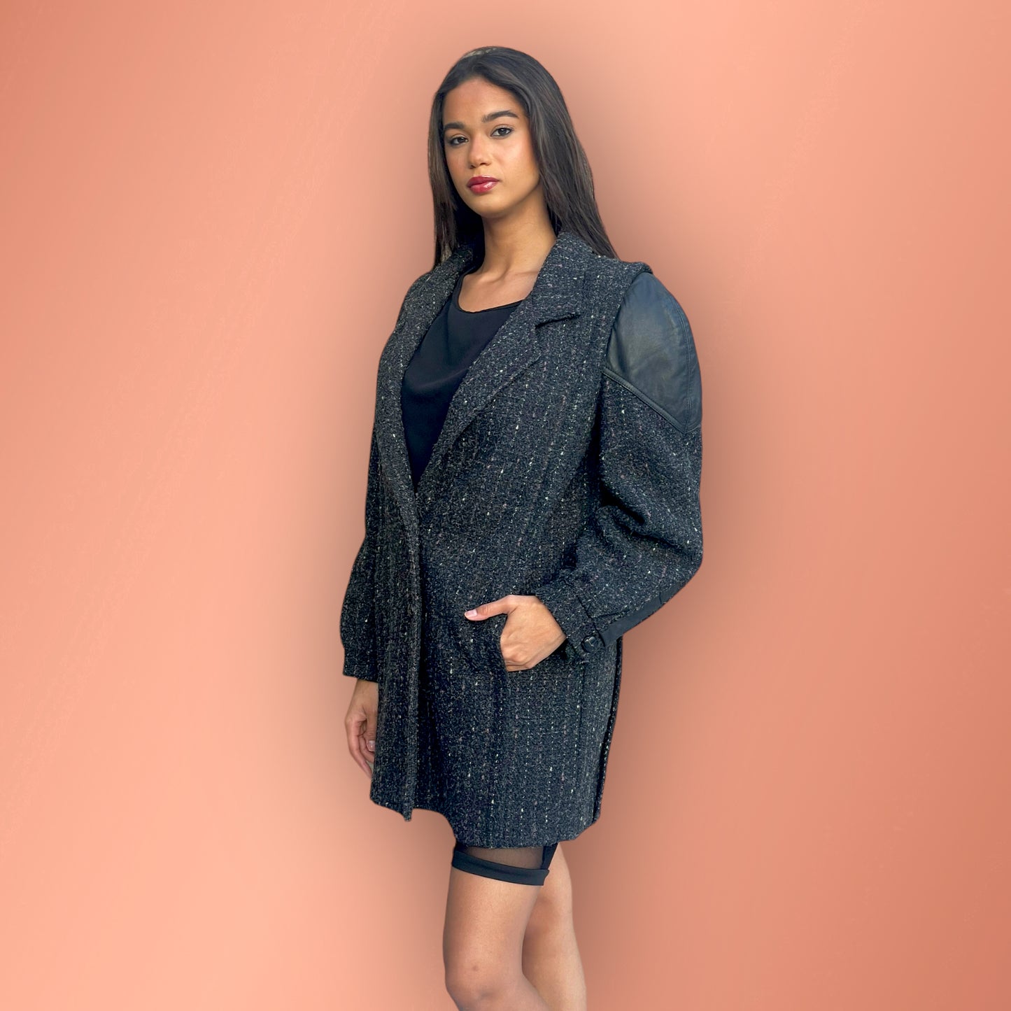 Fashionable Vintage Pink & White Pinstriped Grey Tweed Wool Blend Coat with Leather Shoulder
