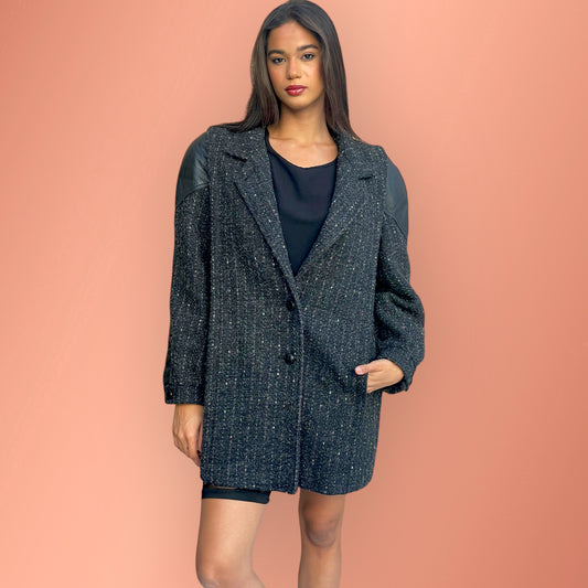 Fashionable Vintage Pink & White Pinstriped Grey Tweed Wool Blend Coat with Leather Shoulder