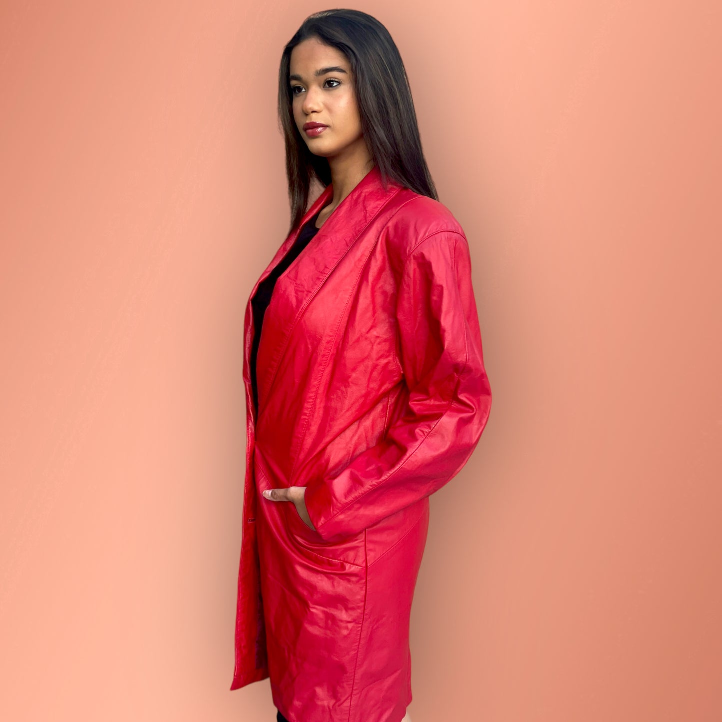 Vintage Retro Red Leather Long Blazer Style Jacket