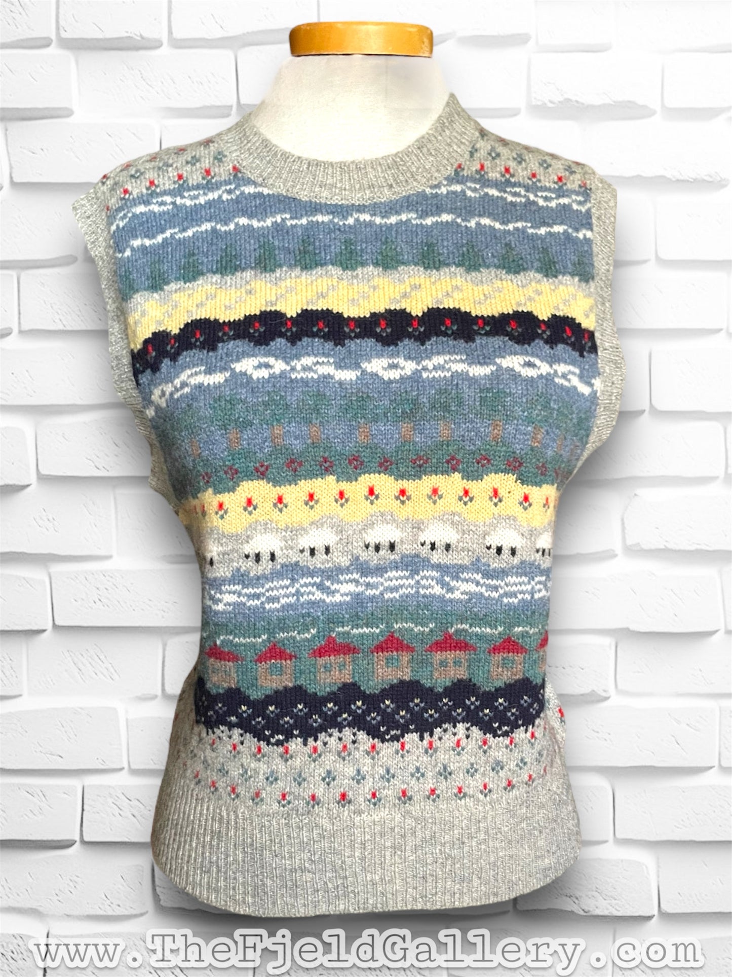 Vintage 1970’s Knit Sweater Vest w/ Sheep, Flowers & Houses