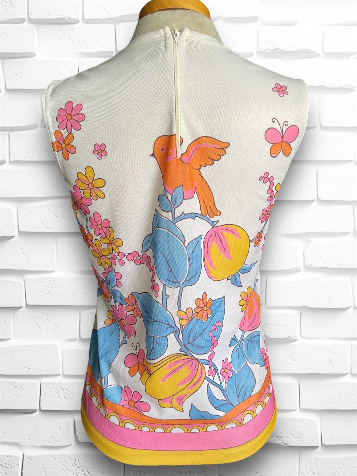 Vintage 1960’s Bird & Tulip Print Orange, Blue, Yellow, Pink & White Sleeveless Shirt