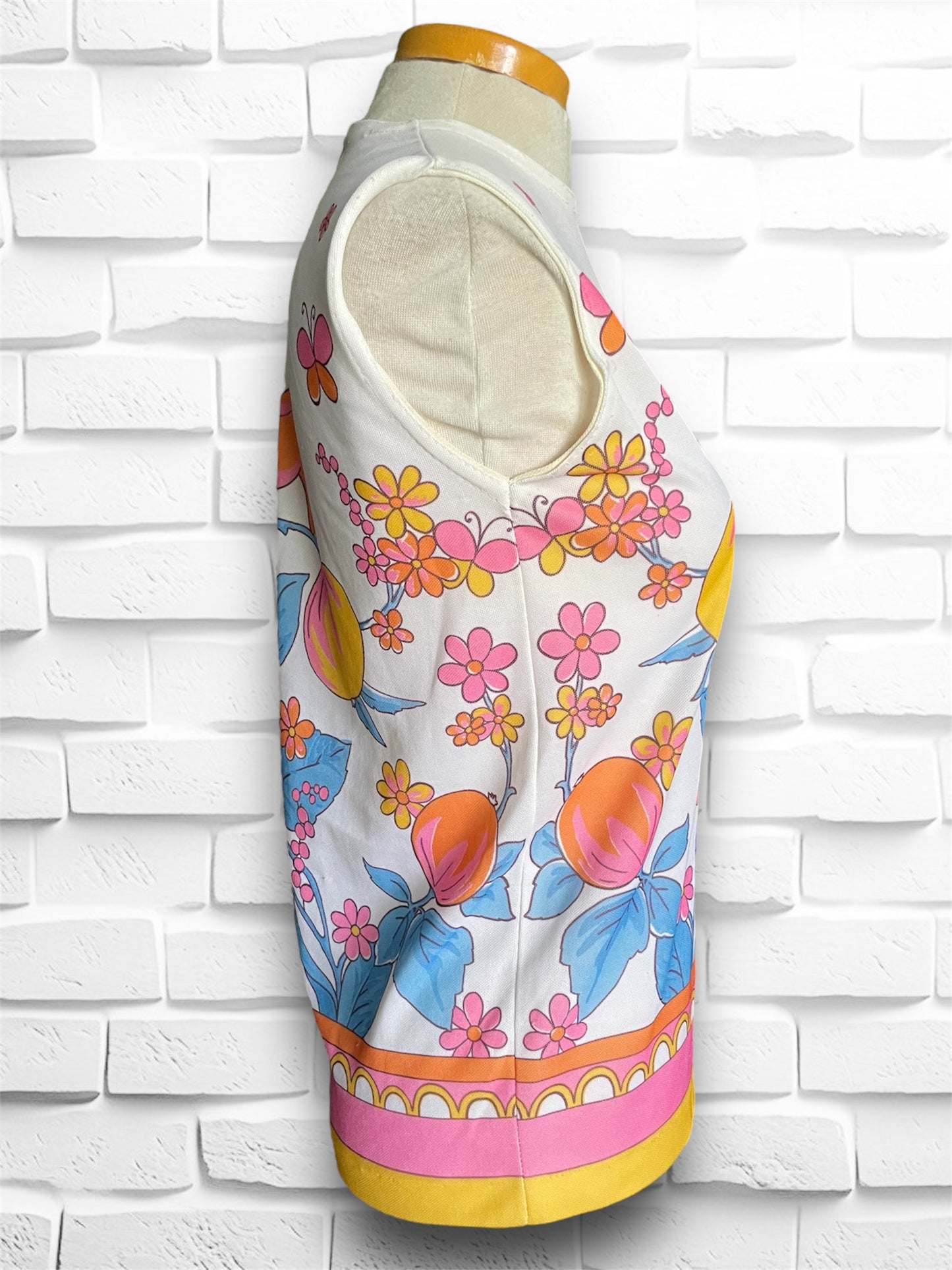 Vintage 1960’s Bird & Tulip Print Orange, Blue, Yellow, Pink & White Sleeveless Shirt