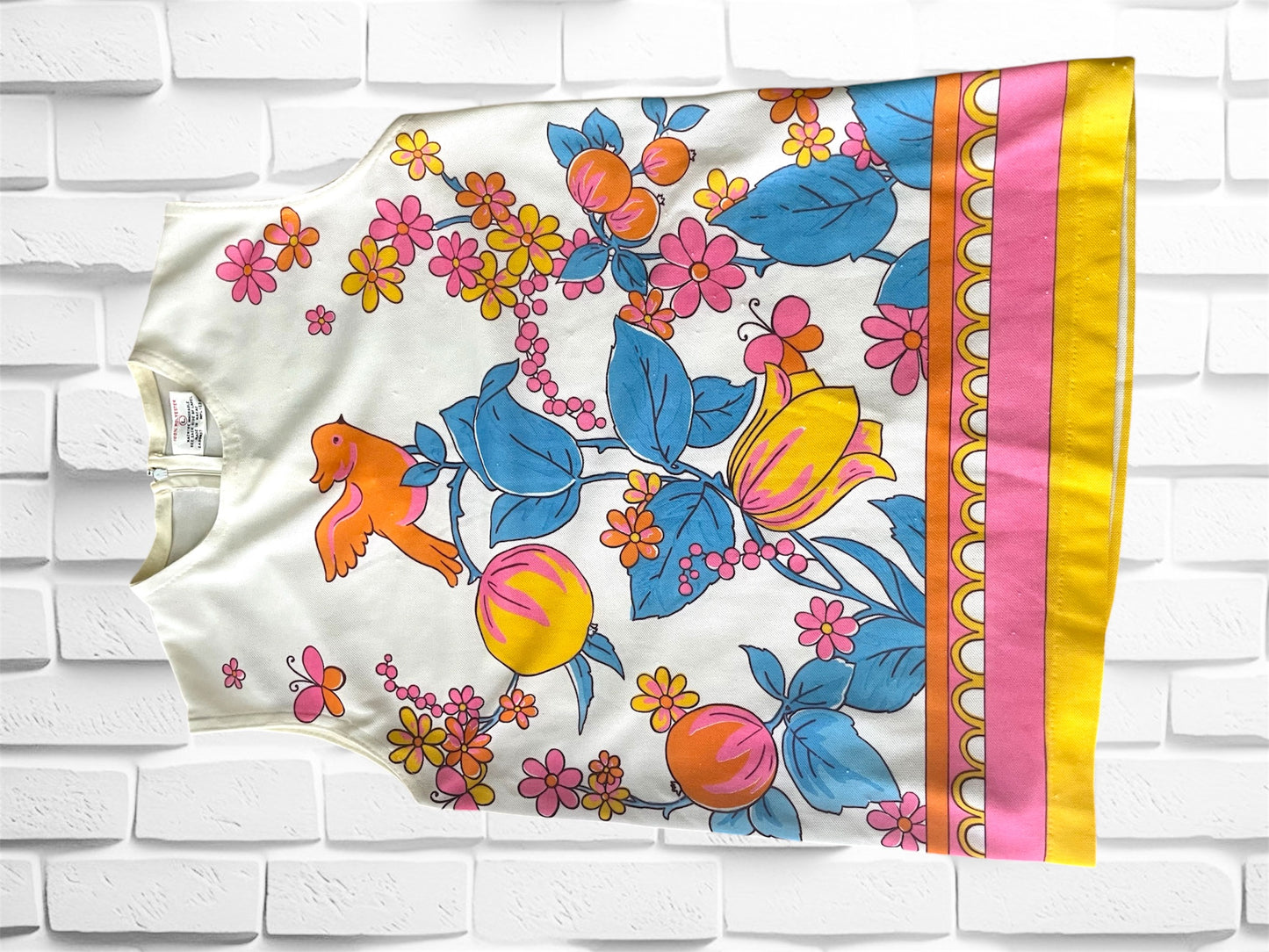 Vintage 1960’s Bird & Tulip Print Orange, Blue, Yellow, Pink & White Sleeveless Shirt