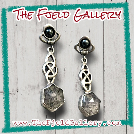 Handmade Sterling Silver Hematite & Mica Granite Agate Celtic Dangle Earrings