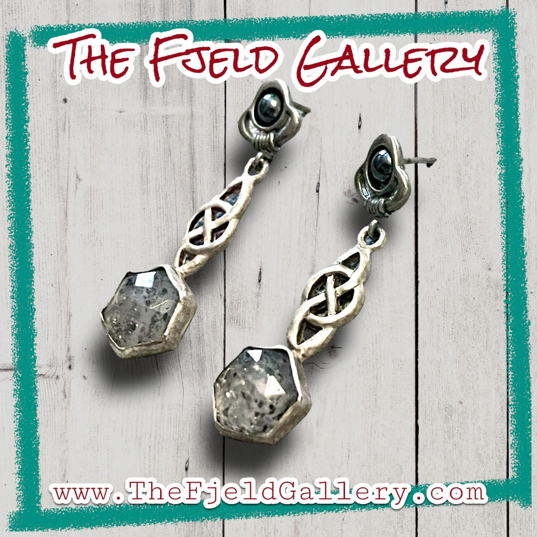 Handmade Sterling Silver Hematite & Mica Granite Agate Celtic Dangle Earrings