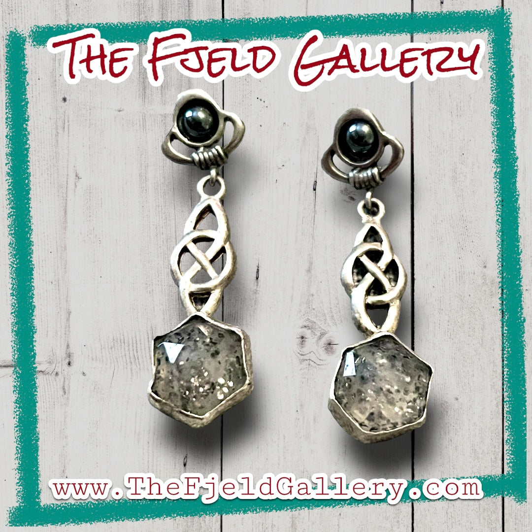 Handmade Sterling Silver Hematite & Mica Granite Agate Celtic Dangle Earrings