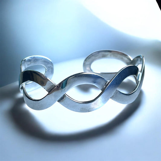 Vintage Minimalist Infinity DNA Spiral Solid Sterling Silver Cuff Bracelet
