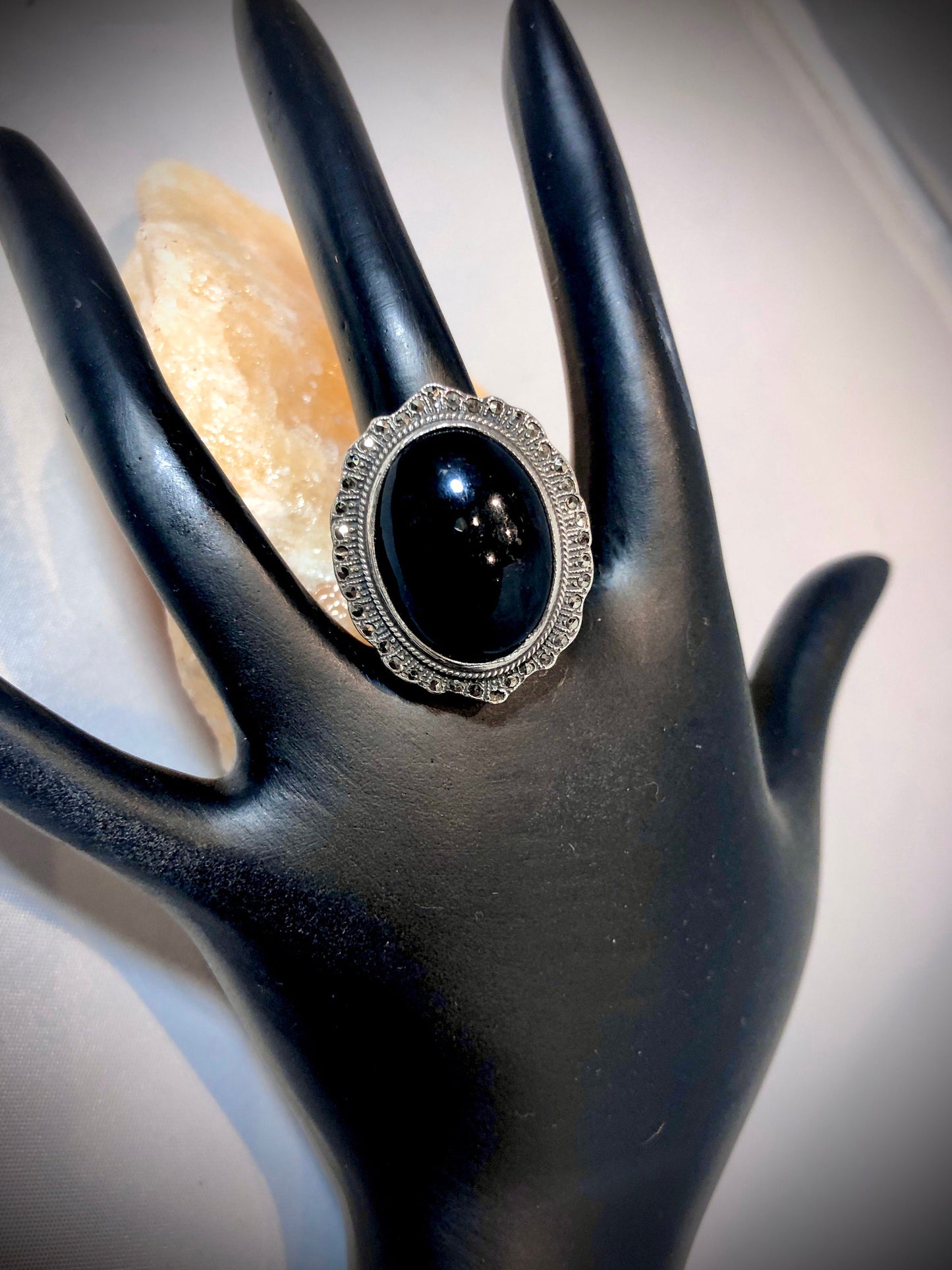 Art Nouveau Deco Sterling Silver Large Onyx & Marcasite Dome Hollow Ring sz5