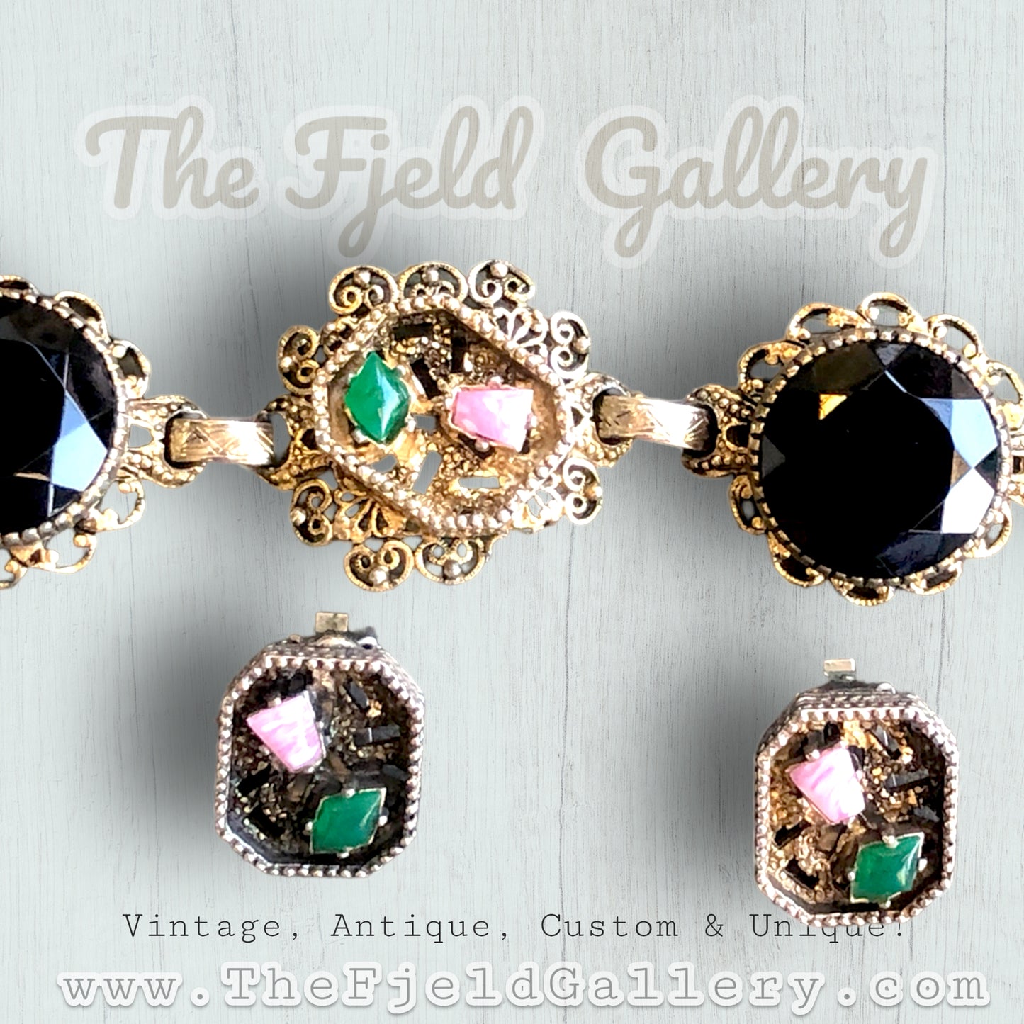 Pink Rhodonite, Green Chrysoprase & Black Art Glass Gold Bracelet & Earring Set