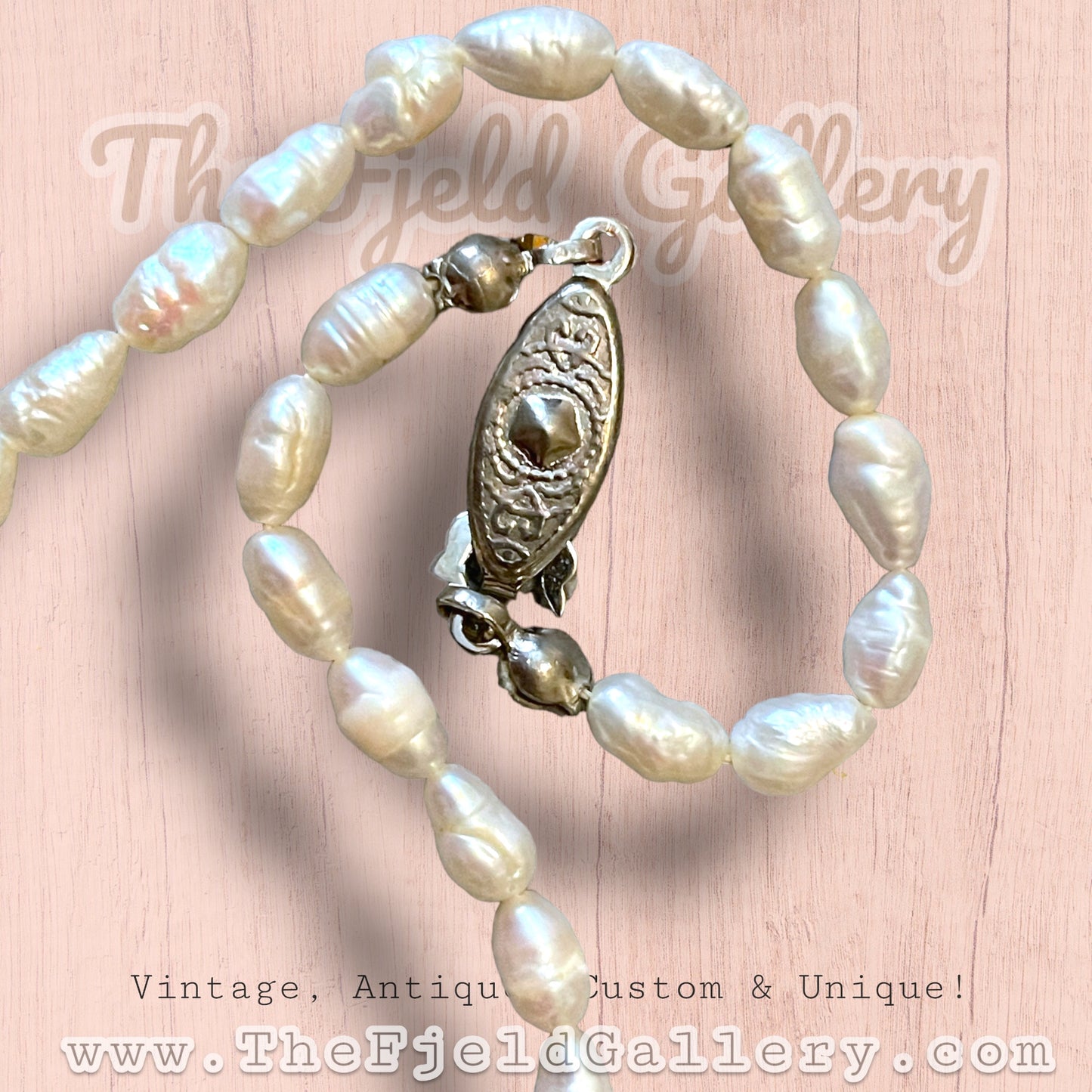 West German Green Marbled Art Glass White Enamel Brass Filigree Pendant on Natural Pearl Necklace