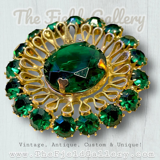 Hollywood Regency Emerald Green Aurora Borealis Crystal Starburst Brooch