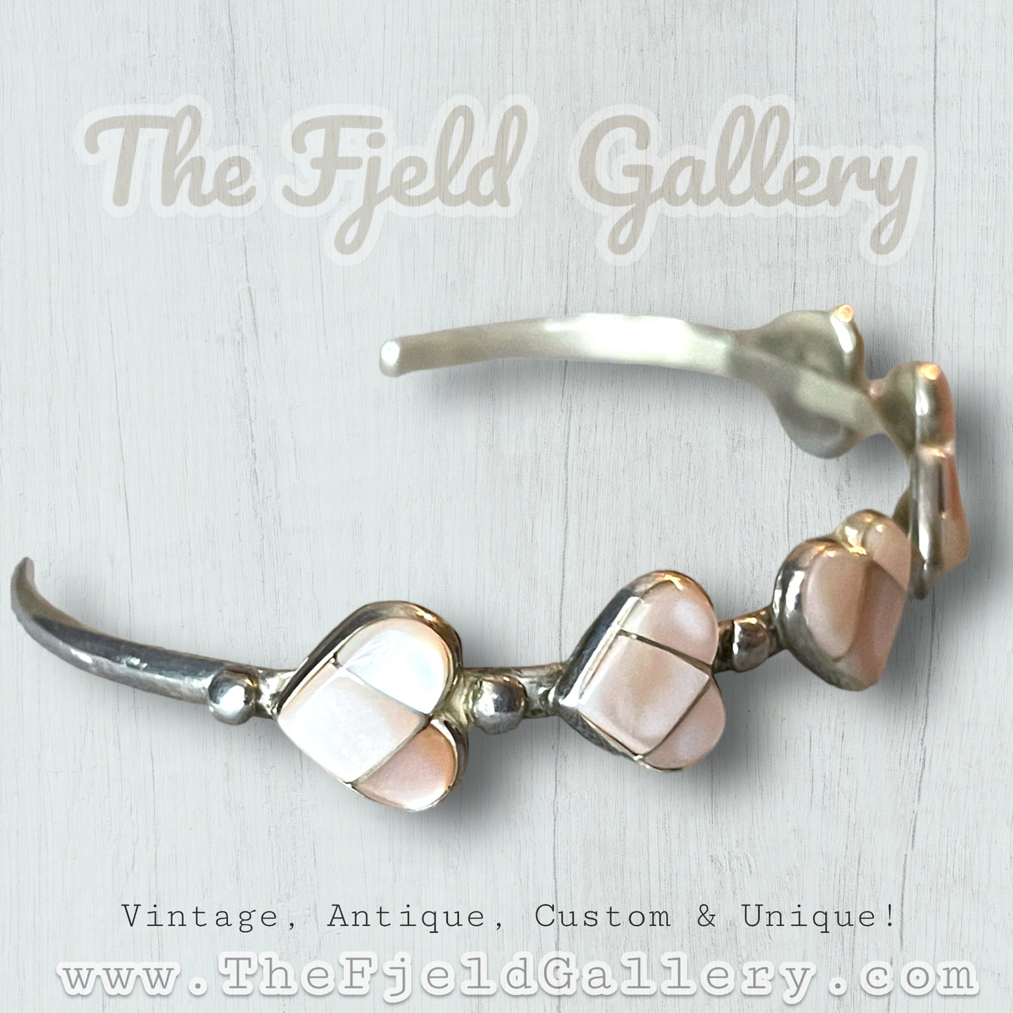 Vintage Sterling Sulver Oink Mother of Pearl Heart Cuff Bracelet