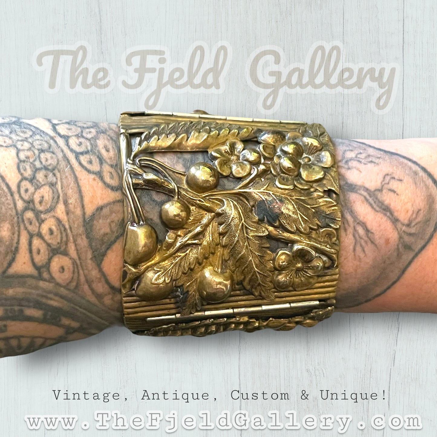 Antique Brass Repoussé Huge Hinged Arm Cuff Gauntlet Bracelet