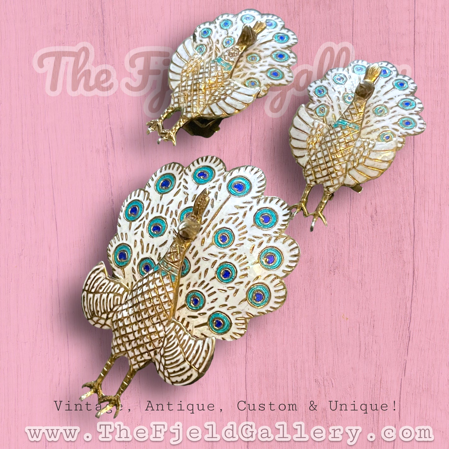 1940’s Siam Vermeille Sterling White & Blue Enamel Peacock Brooch & Earring Set