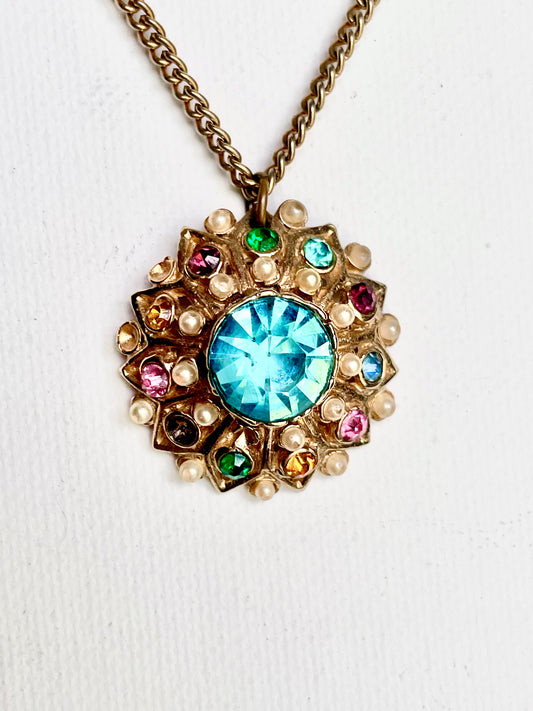 Vintage Fruit Salad Pearl & Multi Color Crystal Rhinestone Starburst Necklace
